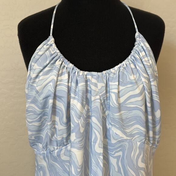 Abercrombie & Fitch NEW Halter Ruched Mini Dress Blue White Marble Pattern Sz XL - Picture 6 of 16